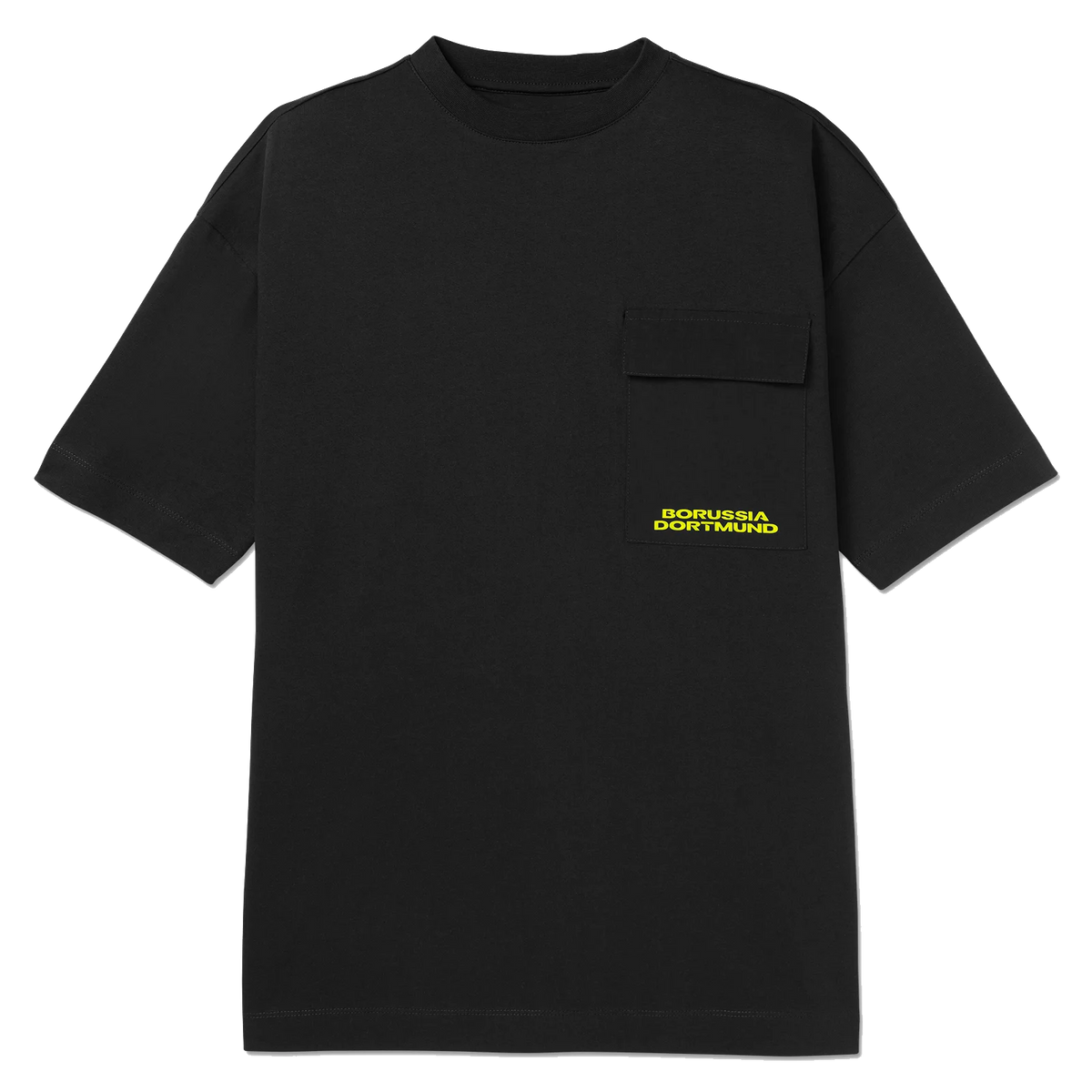 Camiseta negra del BVB con bolsillo en el pecho y el logotipo amarillo del Borussia Dortmund, ideal para los aficionados y para el tiempo libre.