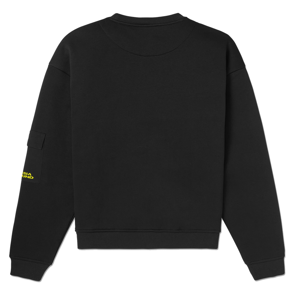 Vue arrière du sweat à col rond noir « BVB Underground » orné d'un lettrage jaune voyant « Borussia Dortmund » sur la manche.