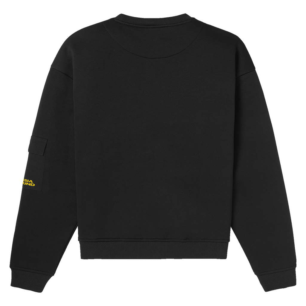 Pull à col rond noir du BVB vu de dos, avec l'inscription « Borussia Underground » en jaune sur la manche : un produit dérivé idéal pour les fans.