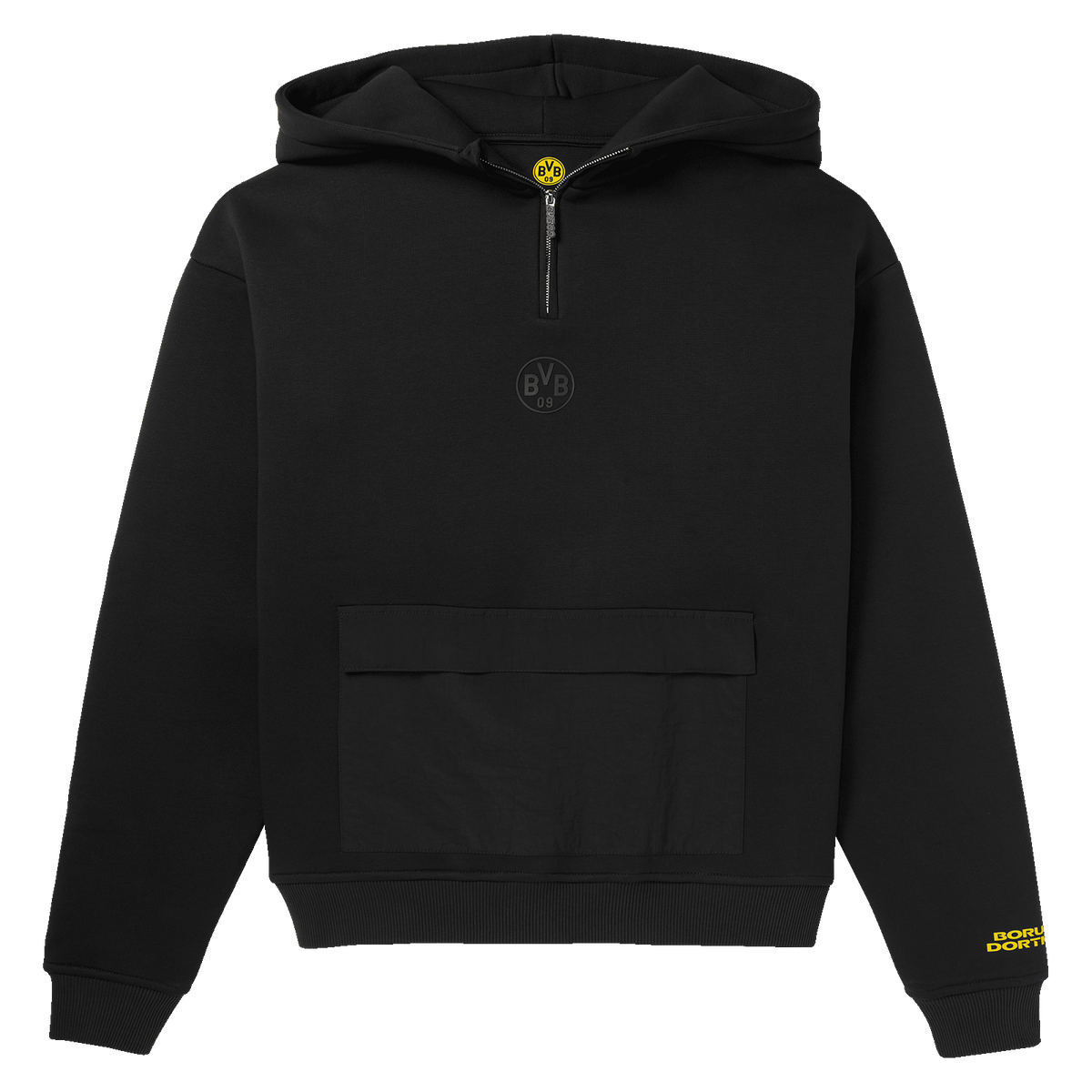 BVBのロゴと、左袖に黄色の「Borussia Dortmund」の文字が入った黒のBVBフーディ。シンプルなデザインのスタイリッシュなファンアイテムです。