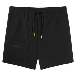 Black BVB shorts with yellow drawstring ends, made of high-quality material and featuring the Borussia Dortmund logo on the front—ideal for sports or leisure.