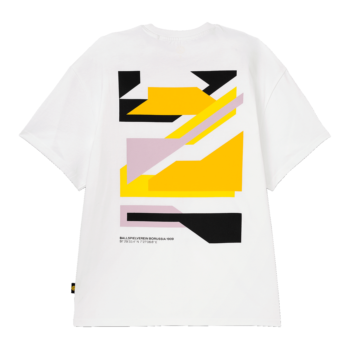 Weißes BVB-T-Shirt für Frauen mit auffälligem geometrischen Design in schwarzgelb und lila auf der Rückseite, ideal für Fans und Freizeit.