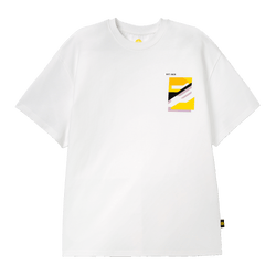 White BVB Shift T-shirt for women with a black-and-yellow and purple geometric design on the chest, perfect for Borussia Dortmund fans.