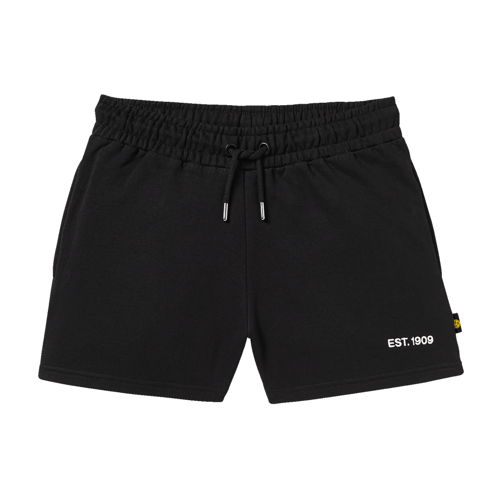 Short noir pour femme du BVB, avec taille élastiquée, cordon de serrage et inscription « EST 1909 », idéal pour le sport ou les loisirs.