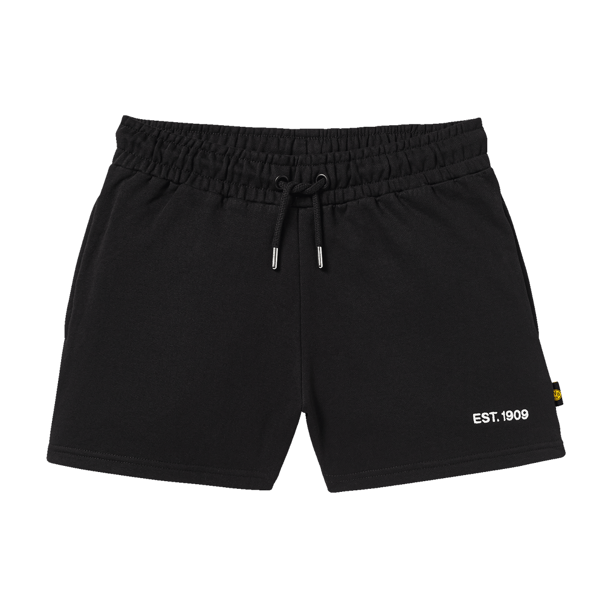 Schwarze BVB Damen-Shorts mit elastischem Bund, Kordelzug und EST 1909 Schriftzug, ideal für Sport oder Freizeit.
