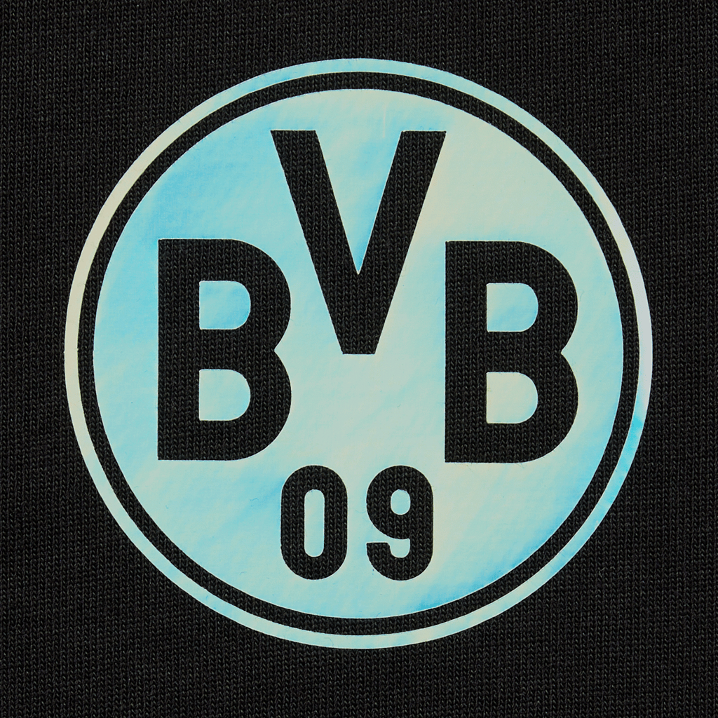 Camiseta negra del BVB con un colorido logotipo del arcoíris y la inscripción «BVB 09», ideal para los aficionados del Borussia Dortmund.