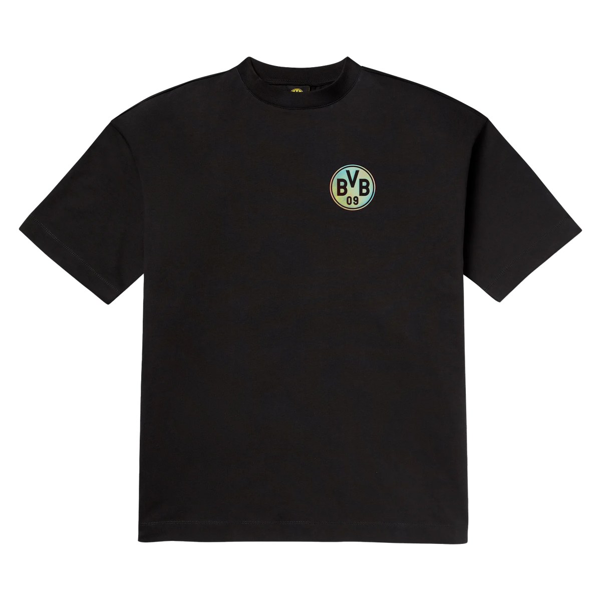Camiseta negra del BVB de manga corta con el logotipo del BVB 09 en colores del arcoíris en el pecho, artículo para los seguidores del Borussia Dortmund.