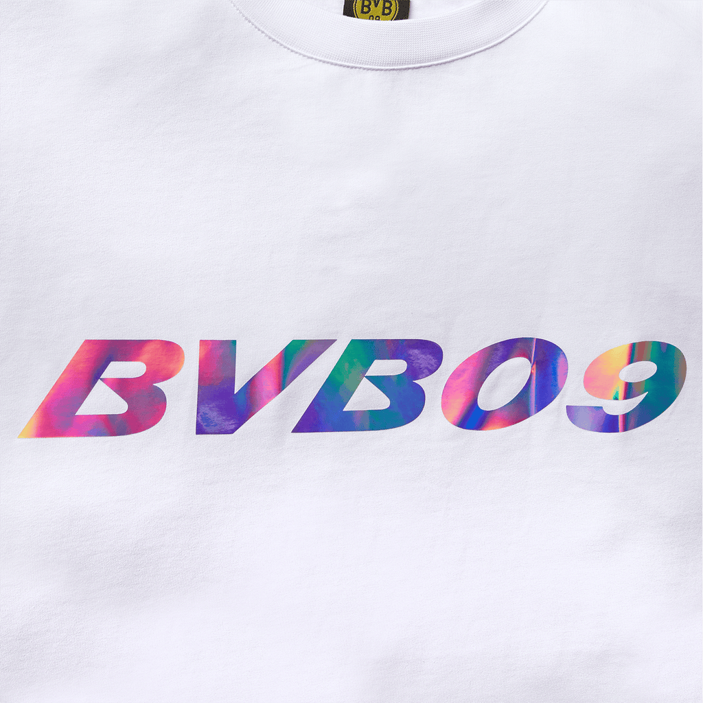 T-shirt Offwhite BVB Rainbow orné d'un lettrage holographique coloré « BVB09 » sur le devant, idéal pour les supporters du Borussia Dortmund.