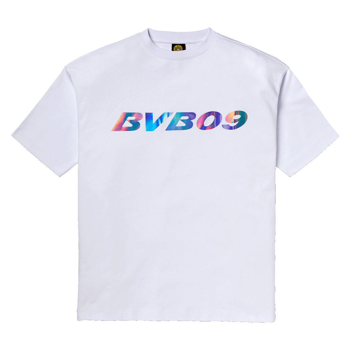 Weißes BVB Rainbow T-Shirt mit auffälligem regenbogenfarbenen BVB 09-Logo auf der Brust, ideal für Fans von Borussia Dortmund.