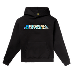 Schwarzer Hoodie mit Kapuze, Vorderdruck zeigt einen Regenbogen-Schriftzug 'Borussia Dortmund'. Offizieller BVB-Fanartikel.