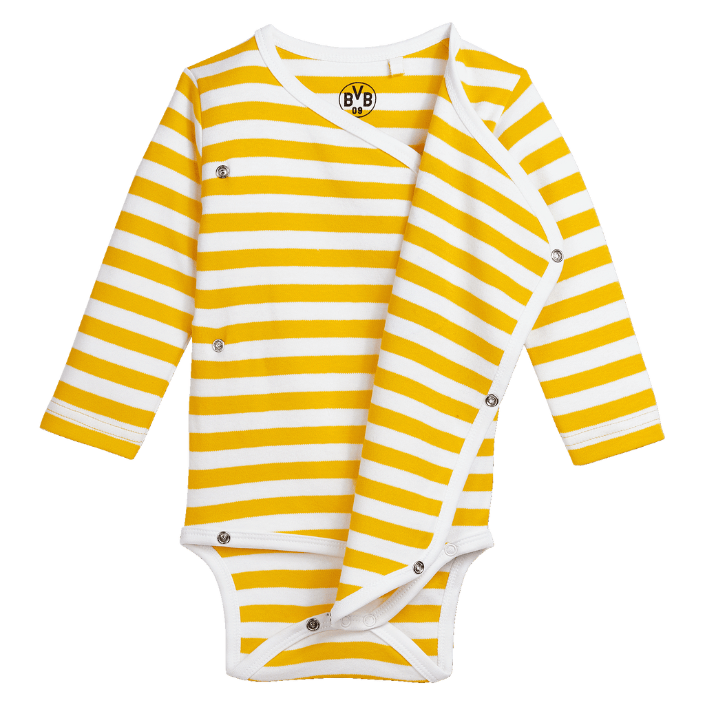 Body long pour bébé à rayures blanches et jaunes, avec le logo du BVB sur le devant, idéal pour les jeunes supporters du BVB.