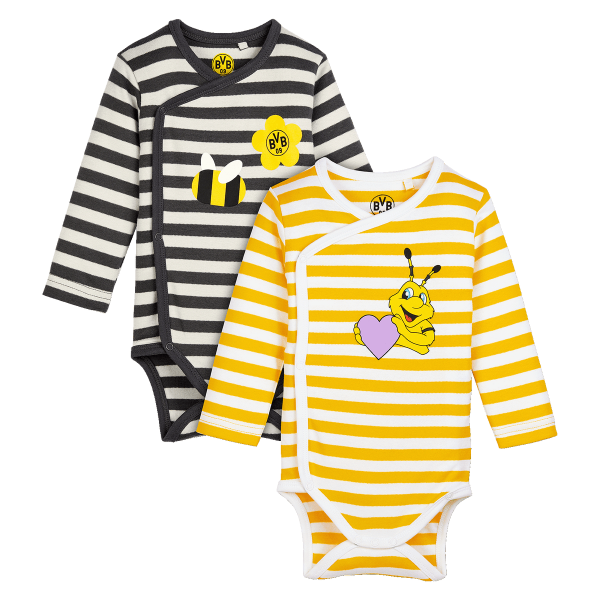Lot de deux bodys BVB pour bébés, à manches longues, motifs noir et jaune, emblème du BVB et motifs EMMA, idéal pour les petits supporters du Borussia Dortmund.