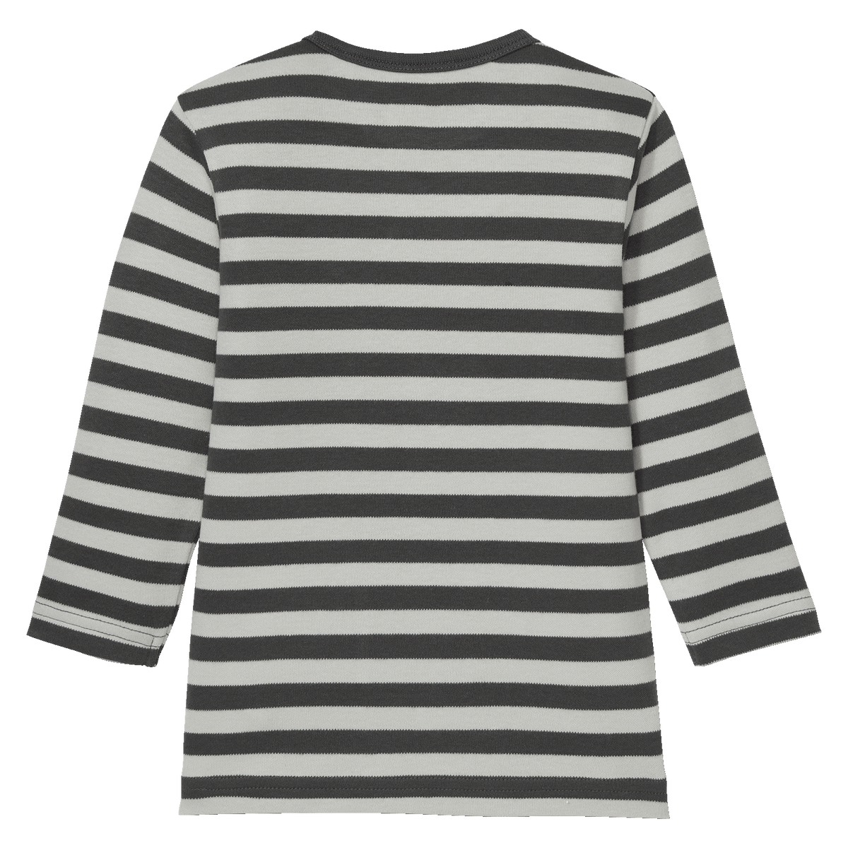 Vista trasera de una camiseta de manga larga con estampado de rayas blancas y negras para bebés y niños pequeños, parte de la colección de productos oficiales del BVB.