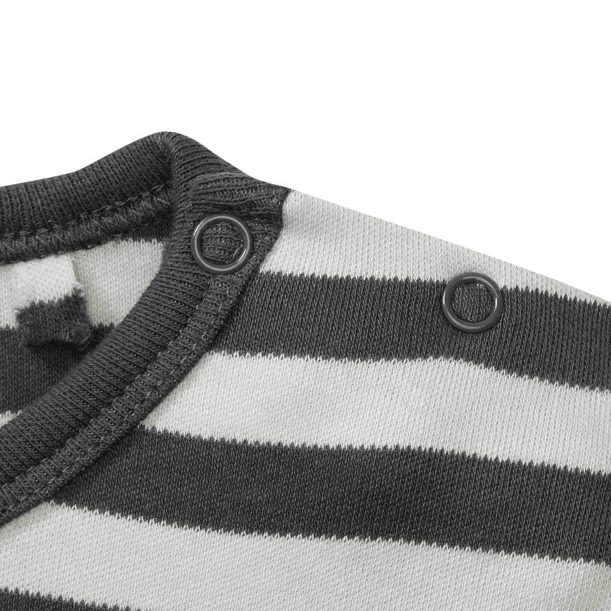 Schwarz-weiß gestreiftes BVB Longsleeve für Babys und Kleinkinder, Detailansicht mit Druckknöpfen am Kragen.