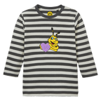 Langarmshirt für Babys und Kleinkinder mit grauem und weißem Streifenmuster. Auf der Brust eine süße EMMA-Applikation mit Herz und BVB-Logo am Kragen.