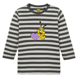 Langarmshirt für Babys und Kleinkinder mit grauem und weißem Streifenmuster. Auf der Brust eine süße EMMA-Applikation mit Herz und BVB-Logo am Kragen.