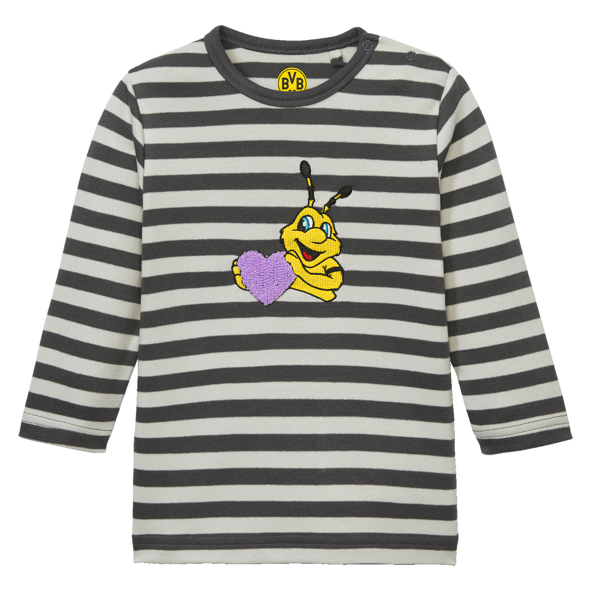 Camiseta de manga larga para bebés y niños pequeños con un estampado de rayas grises y blancas. En el pecho, un bonito aplique de EMMA con un corazón y el logotipo del BVB en el cuello.