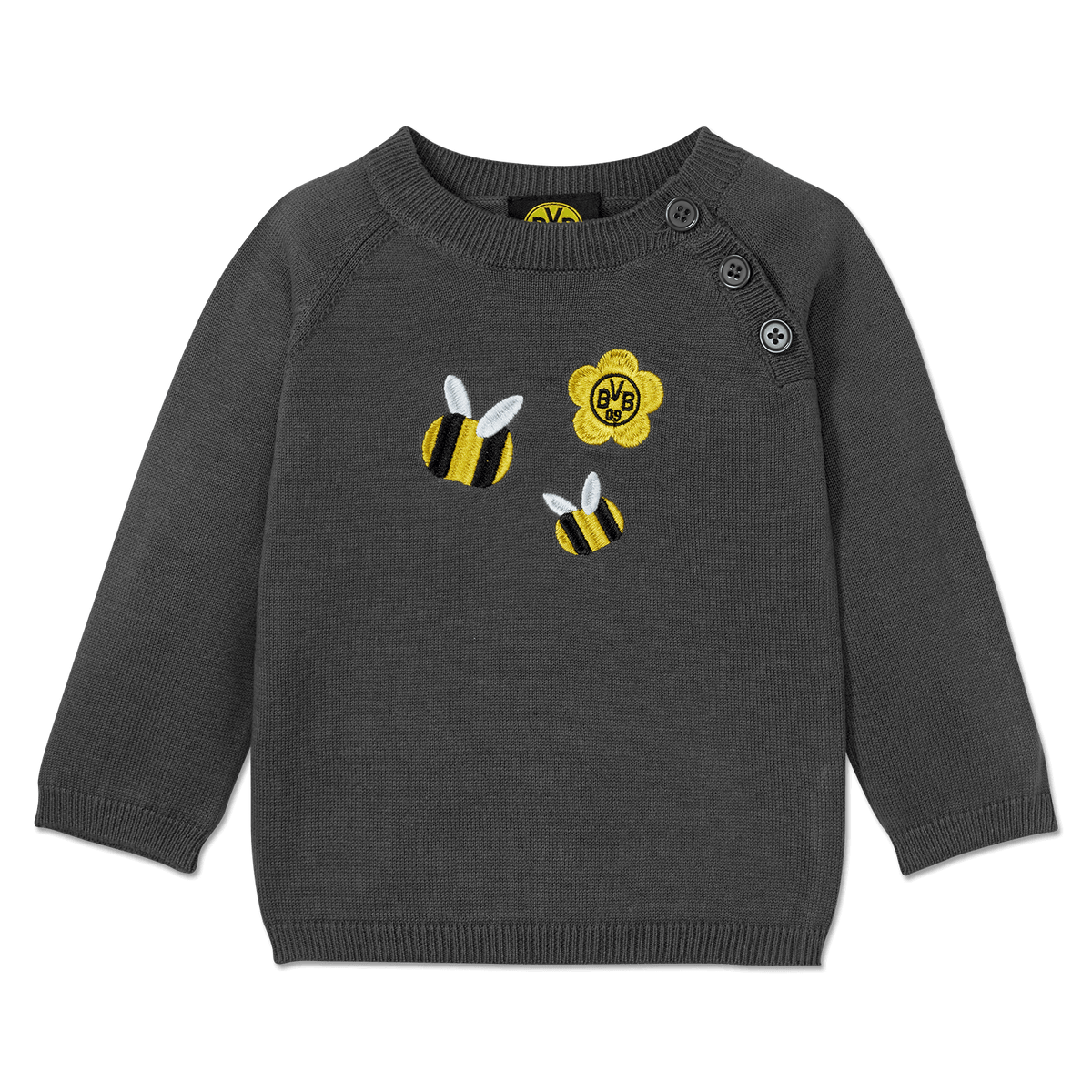 Maglione lavorato a maglia del BVB grigio scuro per neonati e bambini piccoli, con api ricamate nei colori nero e giallo e il logo del BVB.