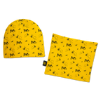 Set giallo BVB composto da berretto e sciarpa per neonati, con motivo BVB nei colori nero e giallo, composto da loghi del BVB e piccole api.