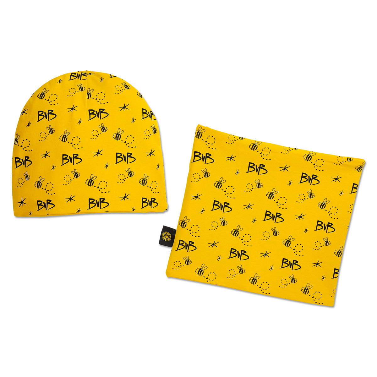 Gelbes BVB Mütze-Schal-Set für Babys mit schwarzgelbem BVB-Design, Muster aus BVB-Logos und kleinen Bienen.