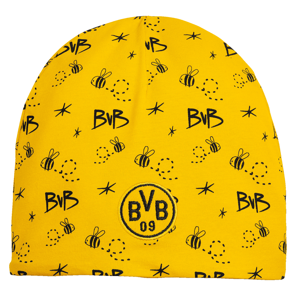 Cappellino giallo da neonato del BVB con il logo del BVB e un grazioso motivo a formiche, perfetto per i piccoli tifosi del Borussia Dortmund.