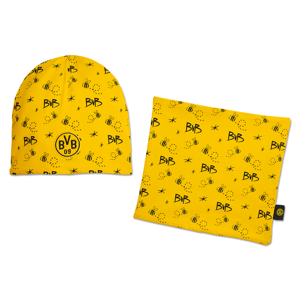 Set BVB nero e giallo composto da berretto e sciarpa per neonati, con il logo del BVB e motivi giocosi, ideale per i piccoli tifosi del Borussia Dortmund.