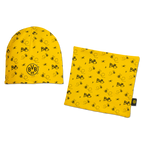 Set BVB nero e giallo composto da berretto e sciarpa per neonati, con il logo del BVB e motivi giocosi, ideale per i piccoli tifosi del Borussia Dortmund.