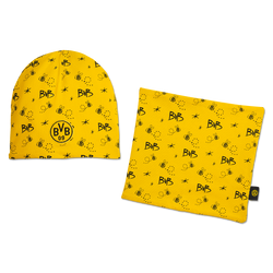 Schwarzgelbes BVB Mütze-Schal-Set für Babys mit BVB-Logo und spielerischen Mustern, ideal für kleine Borussia Dortmund Fans.