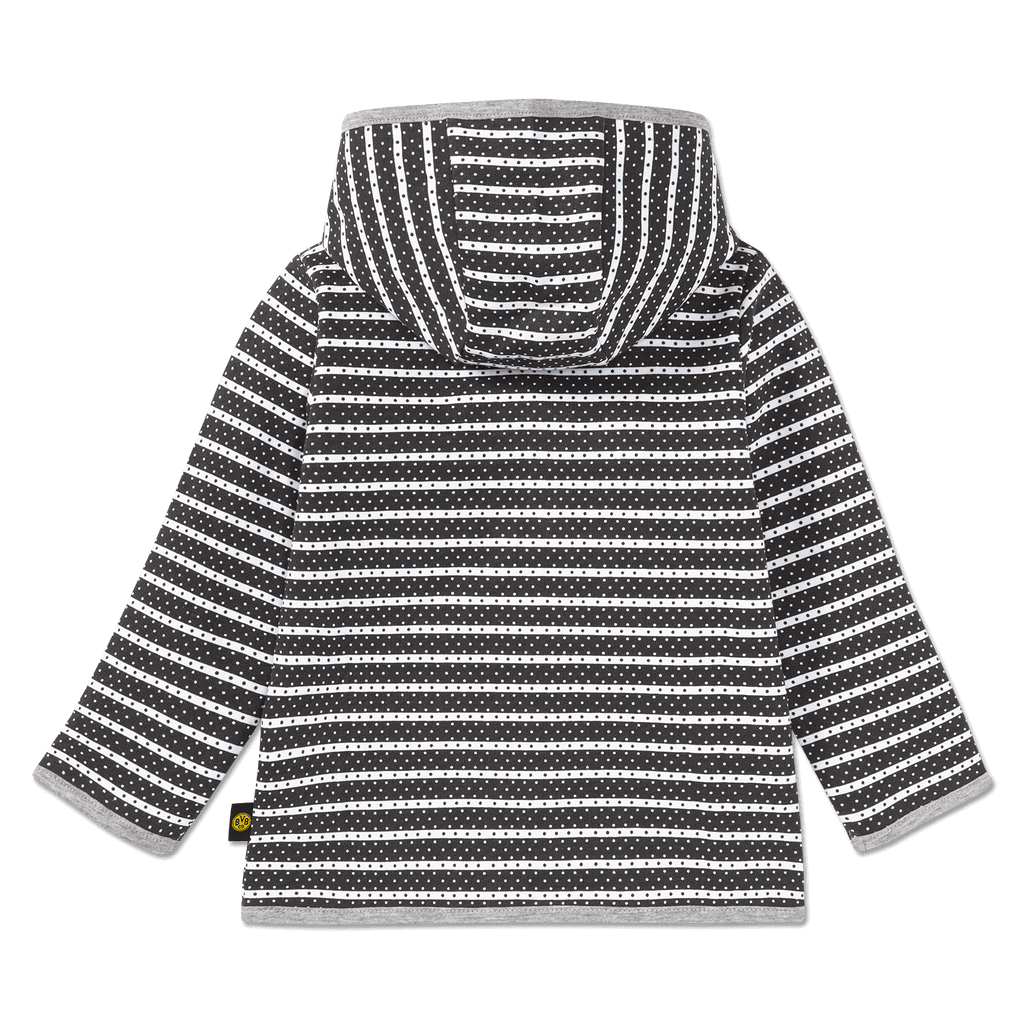 Schwarz-weiß gestreifte BVB-French-Terry-Jacke für Baby-Kleinkinder mit Kapuze, ideal für kleine Fans.