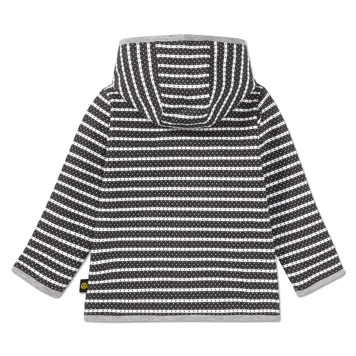 Schwarz-weiß gestreifte BVB-French-Terry-Jacke für Baby-Kleinkinder mit Kapuze, ideal für kleine Fans.