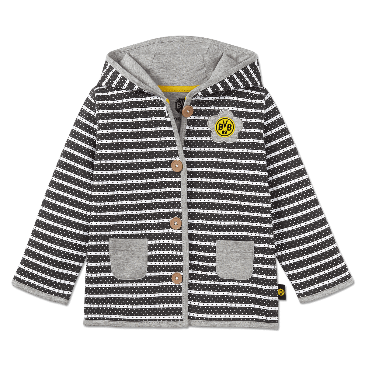 Chaqueta del BVB para bebés y niños pequeños, confeccionada en tejido French Terry con un estampado a rayas blancas y negras, capucha, botones de madera, dos bolsillos y el emblemático logotipo del BVB en el pecho.