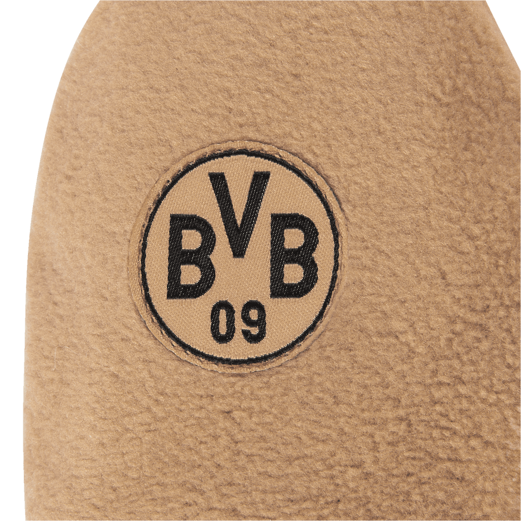 Warme BVB Fäustlinge für Kleinkinder aus braunem Material, verziert mit dem ikonischen BVB 09 Logo, ideal für kalte Tage.