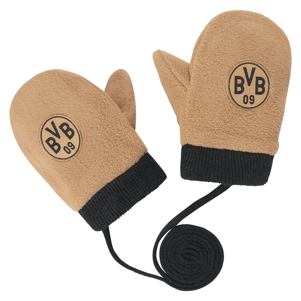 Beige BVB-Fäustlinge für Kleinkinder mit schwarzem Bündchen, BVB-Logo und Verbindungskordel, ideal für kalte Wintertage.