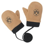 Beige BVB-Fäustlinge für Kleinkinder mit schwarzem Bündchen, BVB-Logo und Verbindungskordel, ideal für kalte Wintertage.