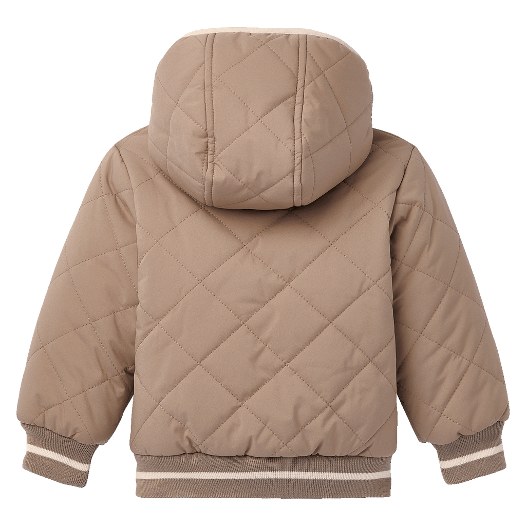 Giacca invernale beige del BVB per neonati e bambini piccoli, con motivo trapuntato, polsini elasticizzati e cappuccio, vista posteriore.