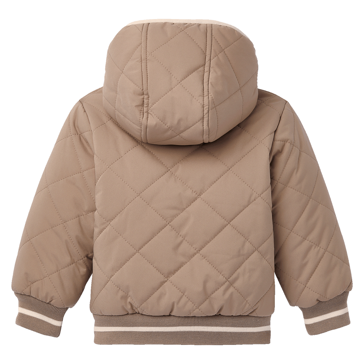 Beige BVB-Winterjacke für Babys und Kleinkinder, mit Steppmuster, elastischen Bündchen und Kapuze, Rückansicht.