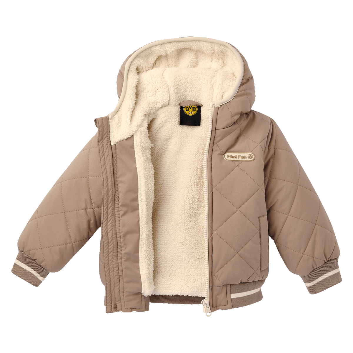 Giacca invernale del BVB per neonati e bambini piccoli, color beige, con cappuccio e calda fodera interna. Ideale per le giornate fredde, decorata con il logo del BVB e una toppa “Mini Fan”.