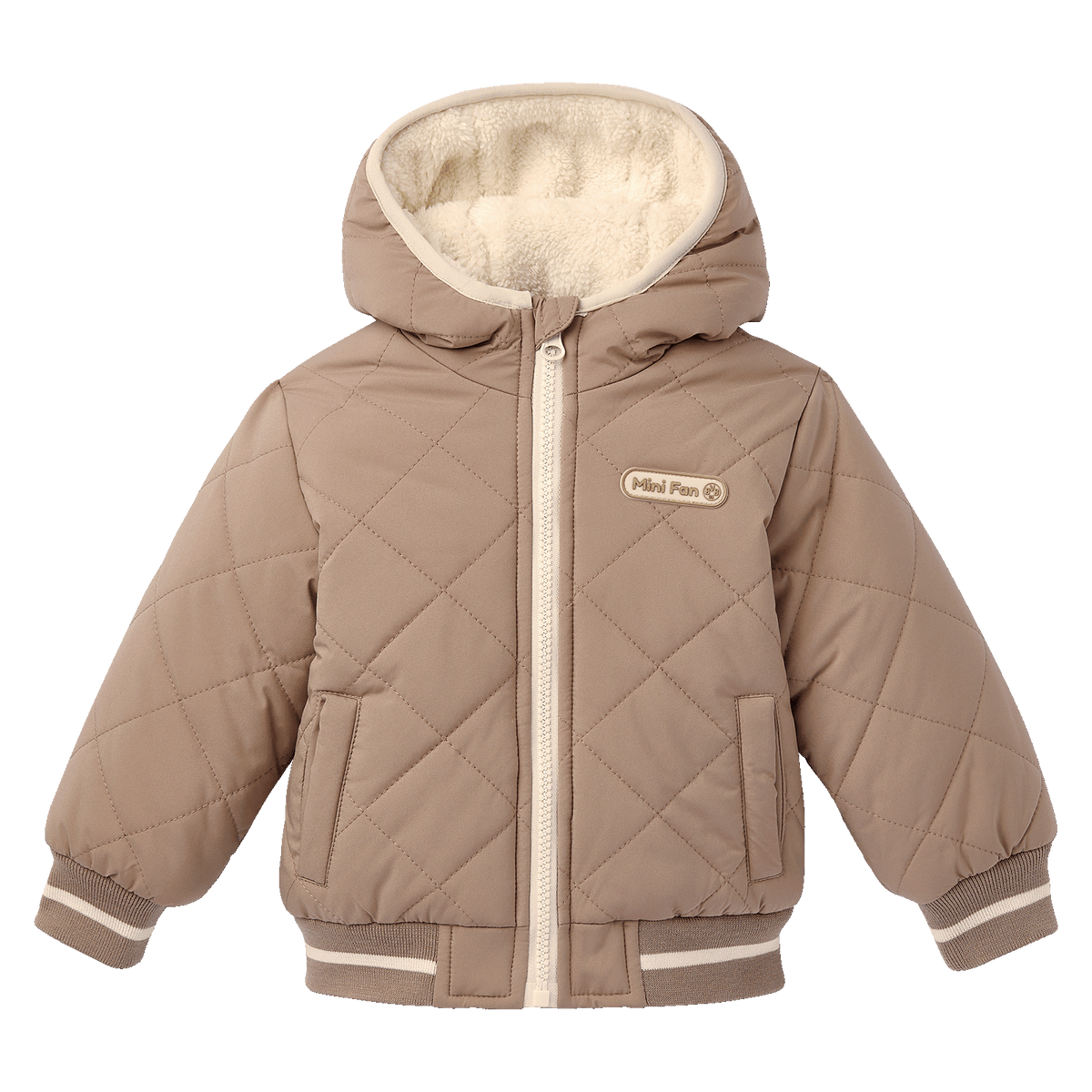 Beige Winterjacke für Babys und Kleinkinder mit gestepptem Design, warm gefüttert, Kapuze und Mini Fan Logo. Perfekt für kalte Wintertage.