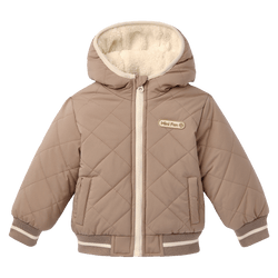 Beige Winterjacke für Babys und Kleinkinder mit gestepptem Design, warm gefüttert, Kapuze und Mini Fan Logo. Perfekt für kalte Wintertage.