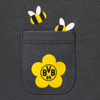 T-shirt à manches longues du BVB pour bébés et jeunes enfants, de couleur noire, orné du logo floral jaune du BVB et d'un motif d'abeilles sur la poche.