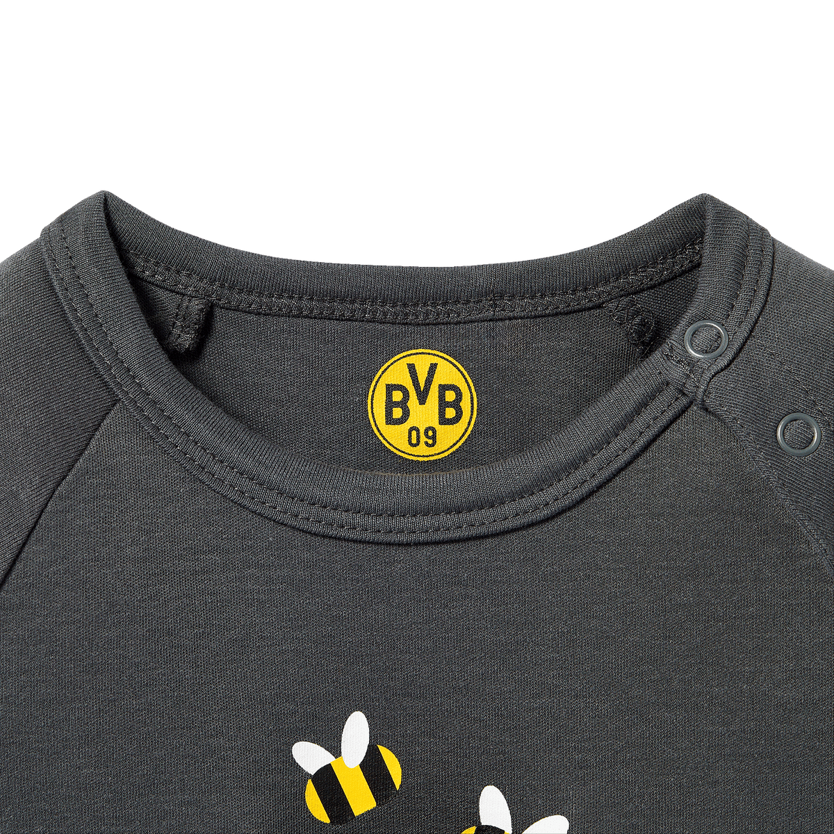 Maglia a maniche lunghe grigia del BVB per neonati con il logo del BVB e dettagli a forma di ape nei colori nero e giallo, ideale per i piccoli tifosi del Borussia Dortmund.