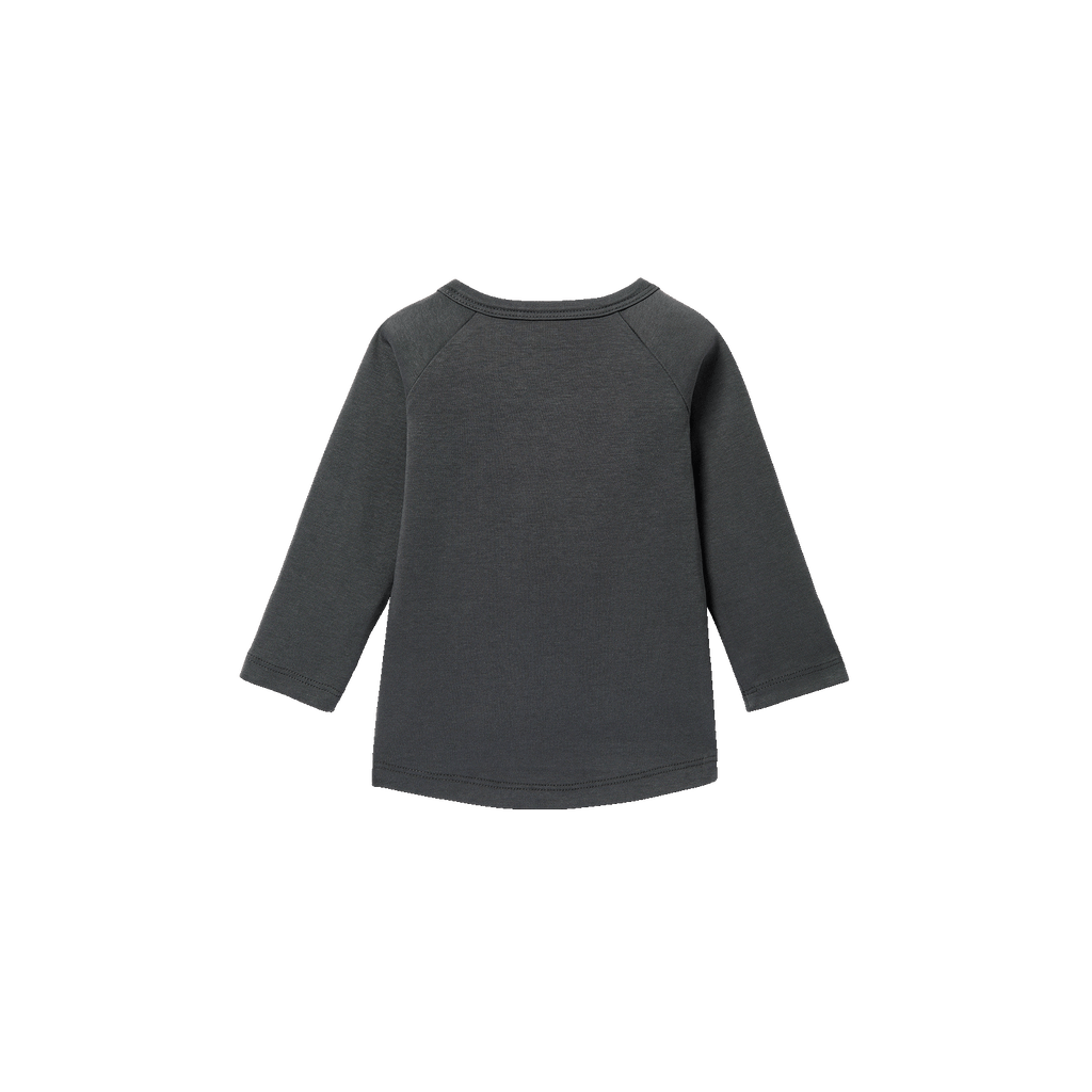 Vue de dos d'un t-shirt à manches longues BVB pour bébés et jeunes enfants, dans une combinaison de couleurs noir et jaune, à manches longues.