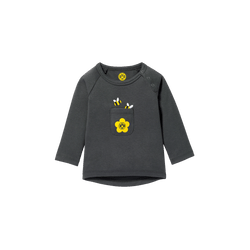 赤ちゃん・幼児用のグレーのBVB長袖Tシャツ。黄色の花のアップリケ、BVBロゴ、ミツバチのモチーフがあしらわれています。