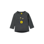 T-shirt à manches longues gris du BVB pour bébés et jeunes enfants, orné d'une application florale jaune, du logo du BVB et d'un motif d'abeille.