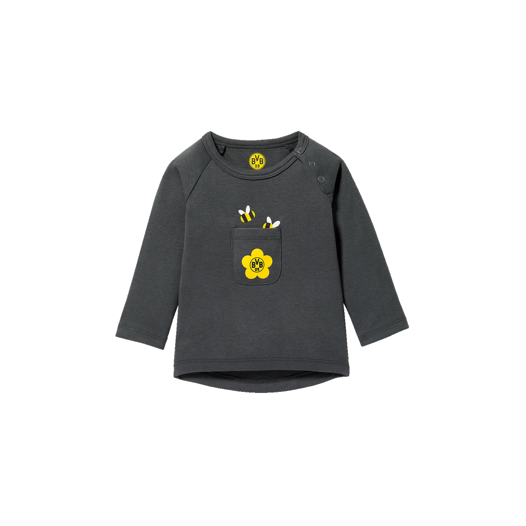 T-shirt à manches longues gris du BVB pour bébés et jeunes enfants, orné d'une application florale jaune, du logo du BVB et d'un motif d'abeille.