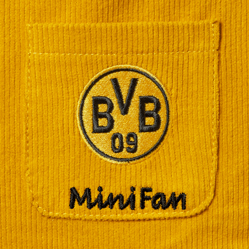 Pantalon en velours côtelé jaune pour enfant du BVB, avec le logo BVB 09 brodé et l'inscription « MiniFan » sur la poche. Parfait pour les petits supporters du Borussia Dortmund.