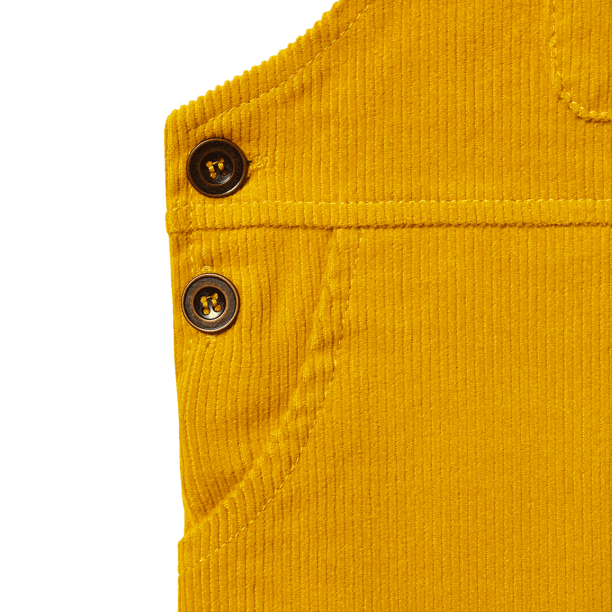 Close-up of yellow BVB corduroy pants for babies and toddlers, featuring buttons and a pocket—perfect for Borussia Dortmund fans.
