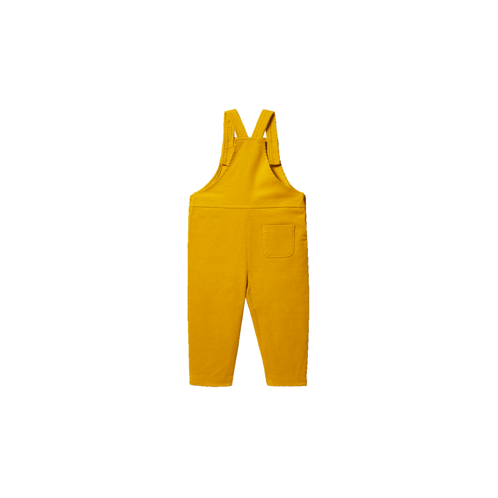 Yellow BVB corduroy pants for babies and toddlers, featuring a bib, a pocket, and the team's signature black-and-yellow design—perfect as Borussia Dortmund fan merchandise.