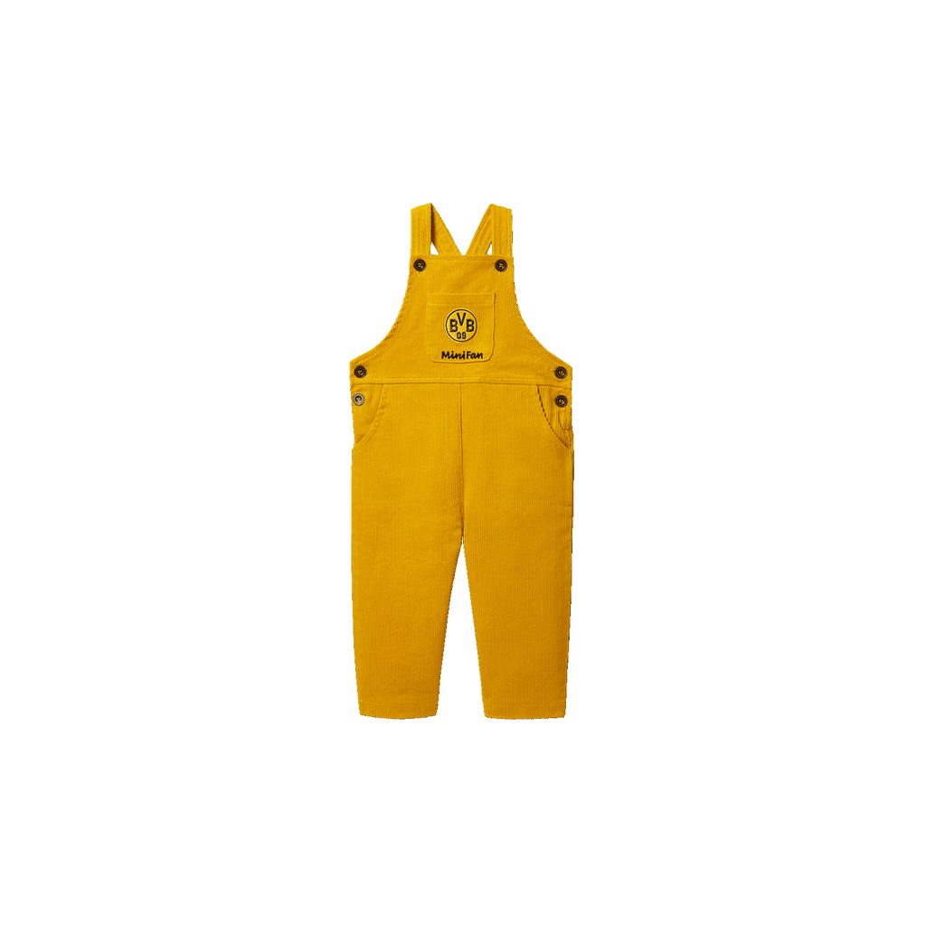 Yellow corduroy overalls for babies and toddlers featuring the BVB logo and "MiniFan" lettering—the perfect fan merchandise.