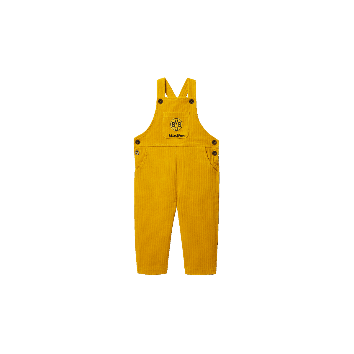 Salopette in velluto giallo per neonati e bambini piccoli con logo del BVB e scritta “MiniFan”, un articolo da tifoso perfetto.